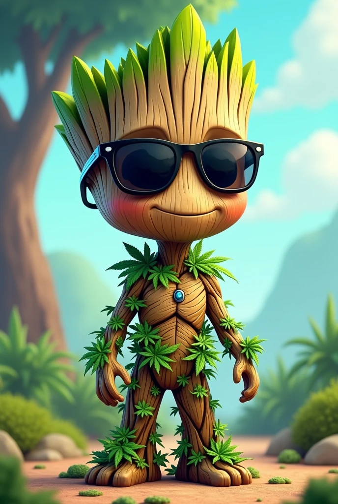 groot avec des lunettes noires avec des petites plantes de canabis qui pousse sur son corp et qui pendent sur sa tete en cartoon