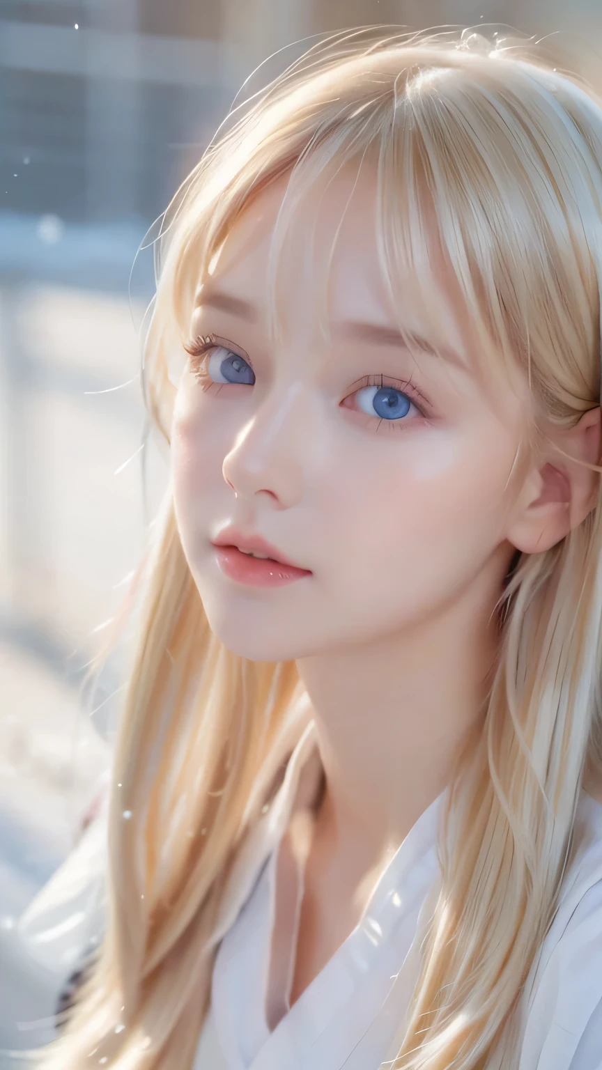 A very beautiful Nordic girl、Super long silky shiny metallic butter blonde hair、Cute beautiful girl with sexy messy bangs、Hair above the eyes、片Hair above the eyes、Hair between the eyes、uniform、Super long beautiful blonde hair、Beautiful bangs between the eyes、Very beautiful cute face、Cute beautiful gentle expression、high school girl、Big, pale, very bright sky blue eyes that shine beautifully、Small Face Beauty、Round face、Snow-white glossy skin、