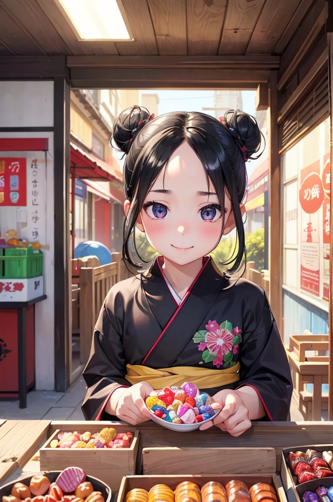 RAWphoto,photorealistic,8k16k,best quality,perfect anatomy,perfect detailed,ultra highres, extremely detailed eyes and face,
gleaming skin,shiny skin,1girl,black hair,bun_head,forehead,(,Kindergarteners:1.3), wearing a yukata,front of candy shop,smile