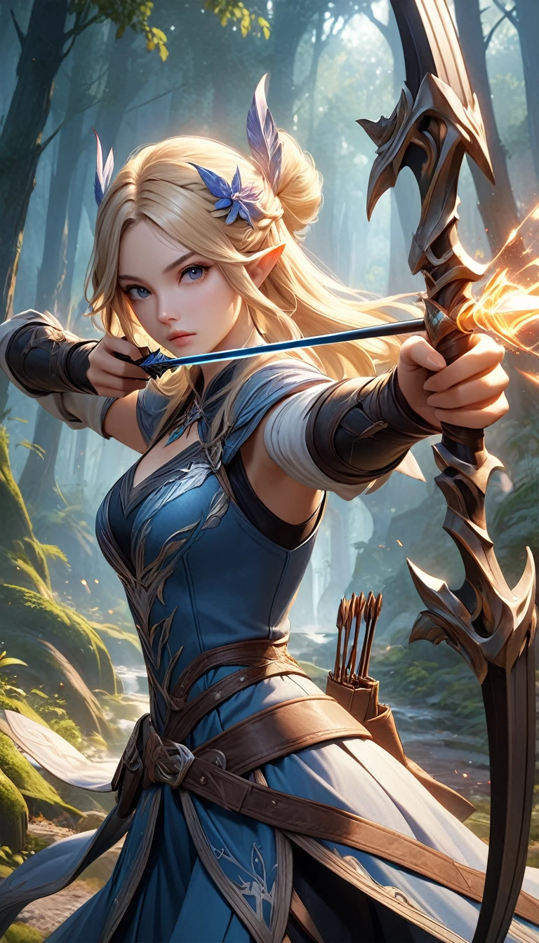 Fusing various styles to create a new style,
Combining various techniques to create delicate and bold compositions,
An attractive archer, Shoot something unexpected with your bow, Shoot it at the audience,
dynamic shot, ankle in the frame,
Detailed and realistic texture, Professional artwork, Fine spray work, Powder coating for a three-dimensional look, Blonde woman in a blue dress holding a sword in the forest, detailed fantasy art, 2. 5d anime fantasy artwork, fantasy art style, epic fantasy art style , digital fantasy art ), epic fantasy art style, 4K fantasy art, fantasy style art, realistic fantasy artwork, detailed fantasy digital art, elf girl, Epic fantasy digital art style, amazing fantasy art, Super high quality