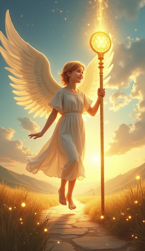 Create a hyper-realistic and artistically stunning image for the Page of Staffs in the Lumen Angelis Tarot deck. The scene centers on a young, vibrant angel, full of potential and curiosity, holding a single, glowing staff of light. The staff, taller than the angel, emits a warm, golden radiance with intricate celestial symbols carved into its length, symbolizing the beginning of a new journey or creative endeavor. The angel is depicted in mid-step, as if about to embark on a great adventure. Their wings are slightly spread, ready to take flight at a moment's notice. They wear light, ethereal robes that flow gracefully around them, catching the light from the staff, creating a soft halo effect around their figure. The expression on the angel's face is one of eager anticipation, with wide eyes and a slight smile, embodying youthful enthusiasm and the promise of new opportunities. The background is an open, sunlit landscape, with rolling hills and a clear blue sky dotted with a few wispy clouds. The ground beneath the angel is dotted with small, glowing orbs of light, representing seeds of potential that are ready to grow. In the distance, faint outlines of mystical cities or ancient ruins can be seen, hinting at the vast world of possibilities that lies ahead. The scene is bathed in warm, golden light, with long shadows stretching out behind the angel, giving a sense of time and space. The overall image should convey a sense of optimism, new beginnings, and the excitement of setting out on a path filled with unknown wonders. The card should resonate with the traditional symbolism of the Rider-Waite Page of Wands, while being enriched by the divine and luminous elements that define the Lumen Angelis deck.