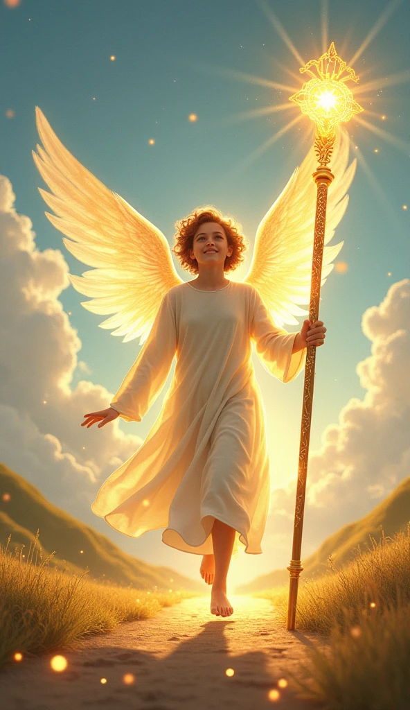 Create a hyper-realistic and artistically stunning image for the Page of Staffs in the Lumen Angelis Tarot deck. The scene centers on a young, vibrant angel, full of potential and curiosity, holding a single, glowing staff of light. The staff, taller than the angel, emits a warm, golden radiance with intricate celestial symbols carved into its length, symbolizing the beginning of a new journey or creative endeavor. The angel is depicted in mid-step, as if about to embark on a great adventure. Their wings are slightly spread, ready to take flight at a moment's notice. They wear light, ethereal robes that flow gracefully around them, catching the light from the staff, creating a soft halo effect around their figure. The expression on the angel's face is one of eager anticipation, with wide eyes and a slight smile, embodying youthful enthusiasm and the promise of new opportunities. The background is an open, sunlit landscape, with rolling hills and a clear blue sky dotted with a few wispy clouds. The ground beneath the angel is dotted with small, glowing orbs of light, representing seeds of potential that are ready to grow. In the distance, faint outlines of mystical cities or ancient ruins can be seen, hinting at the vast world of possibilities that lies ahead. The scene is bathed in warm, golden light, with long shadows stretching out behind the angel, giving a sense of time and space. The overall image should convey a sense of optimism, new beginnings, and the excitement of setting out on a path filled with unknown wonders. The card should resonate with the traditional symbolism of the Rider-Waite Page of Wands, while being enriched by the divine and luminous elements that define the Lumen Angelis deck.