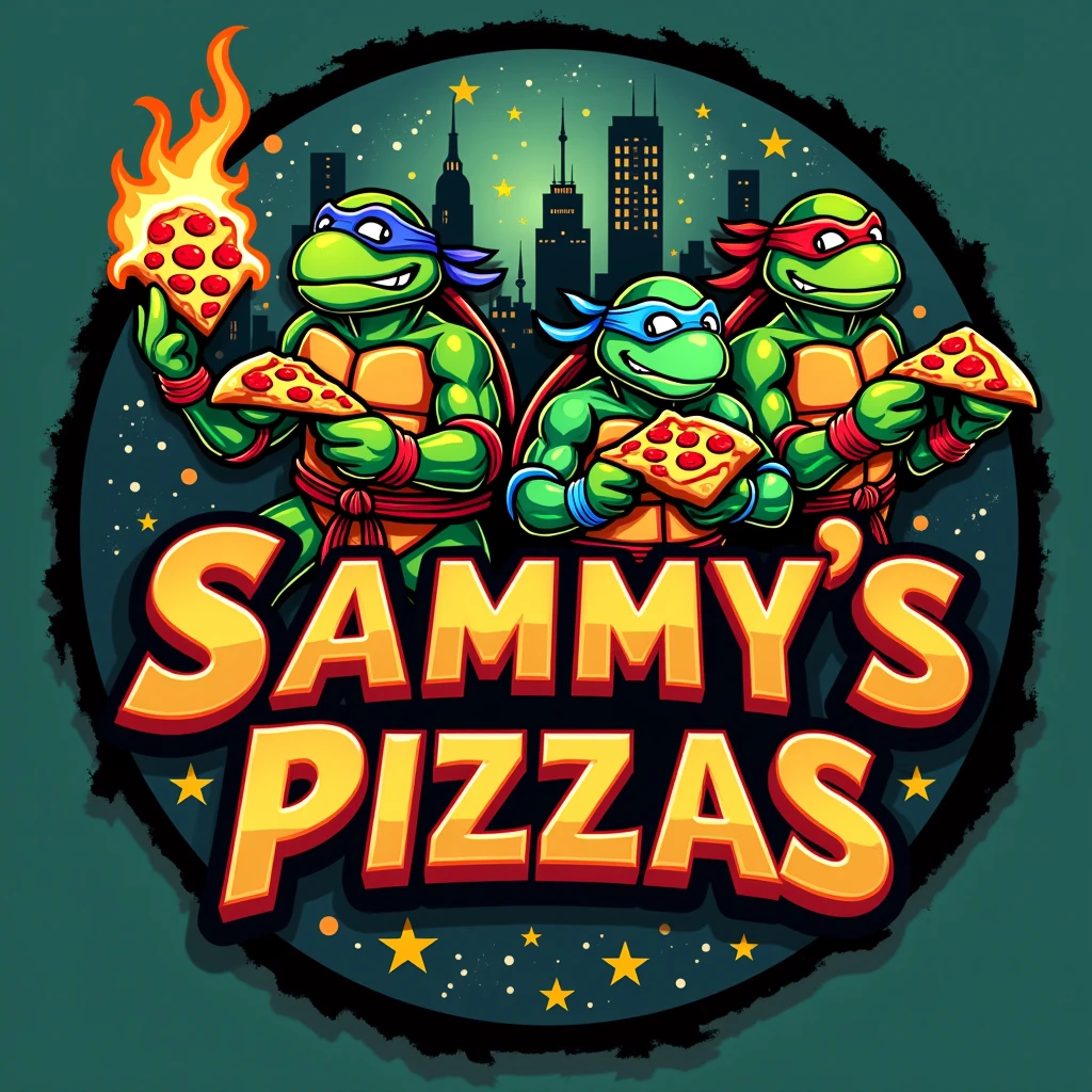Make a Ninja Turtles pizza place logo that says SAMMY'S PIZZAS