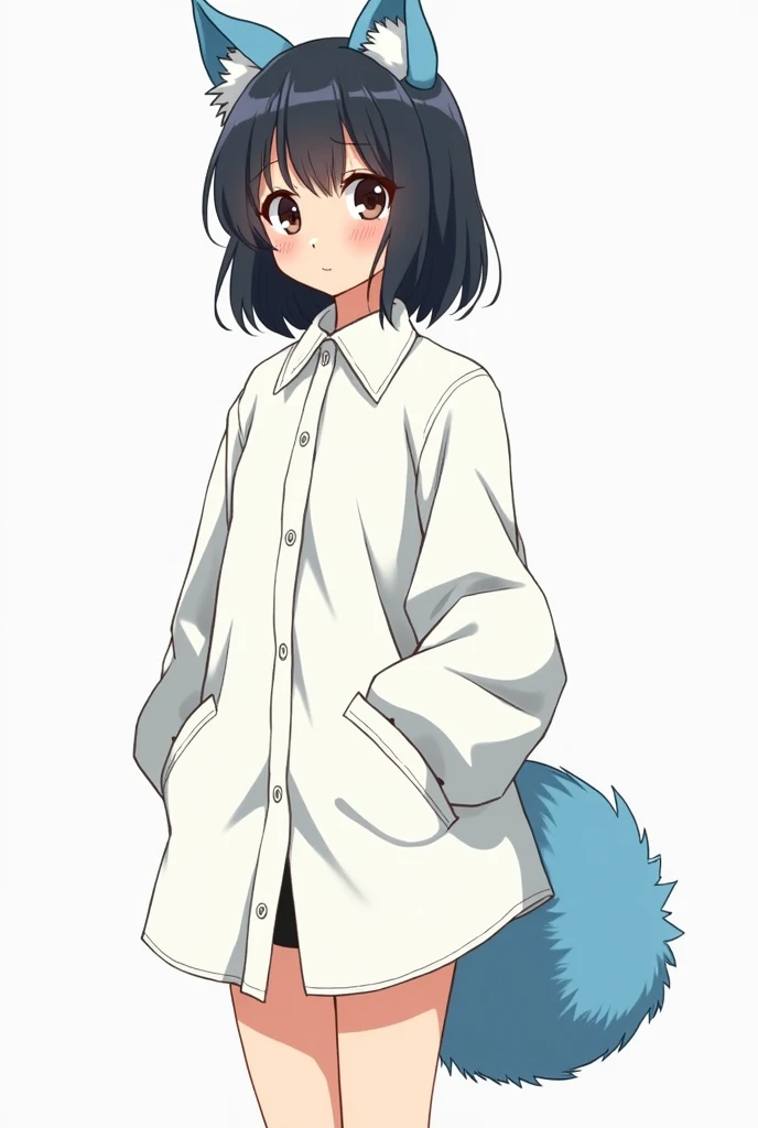 Manga style woman dress with only a large white botton shirt with a fluffy blue animal tail in the back of her legs lightly opened