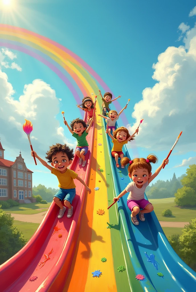 Children sliding down a rainbow with paintbrushes and creativity sliding into their future and behind them you can see a school