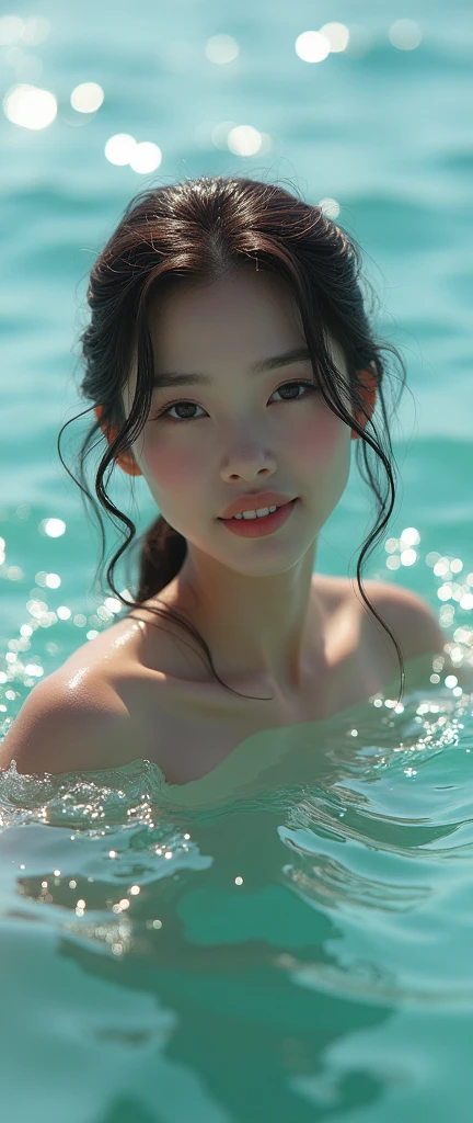 High resolution of a brown-haired Japanese woman swimming in the ocean with a shy smile inviting you to swim with her, masterpiece, Anatomically correct, Highest quality, High detail, Textured skin, Ultra-detailed, Cinematography, shiny sun light