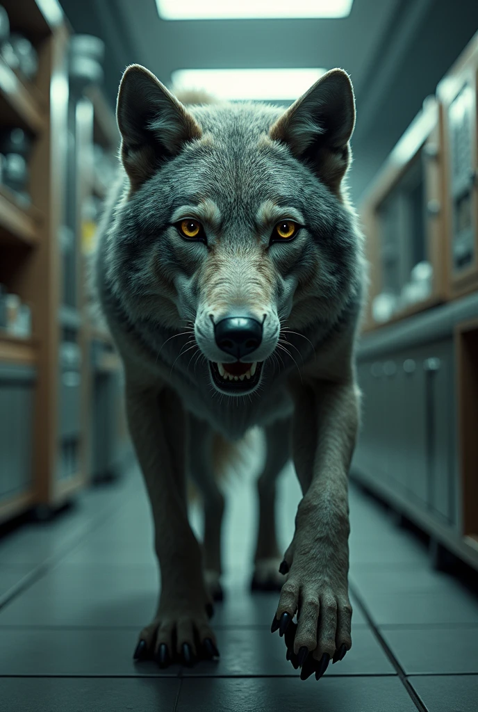 a wolf jet with brown eyes that is in a malevolent scientific laboratory.