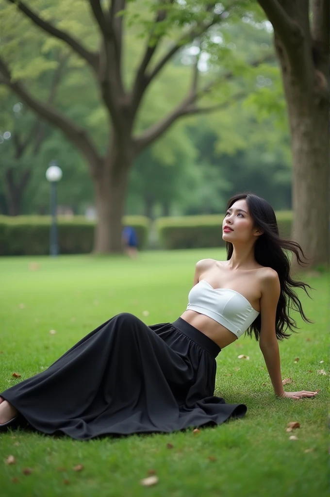 Woman wearing a white crop top with exposed shoulders and a long black skirt and heels lying in a park