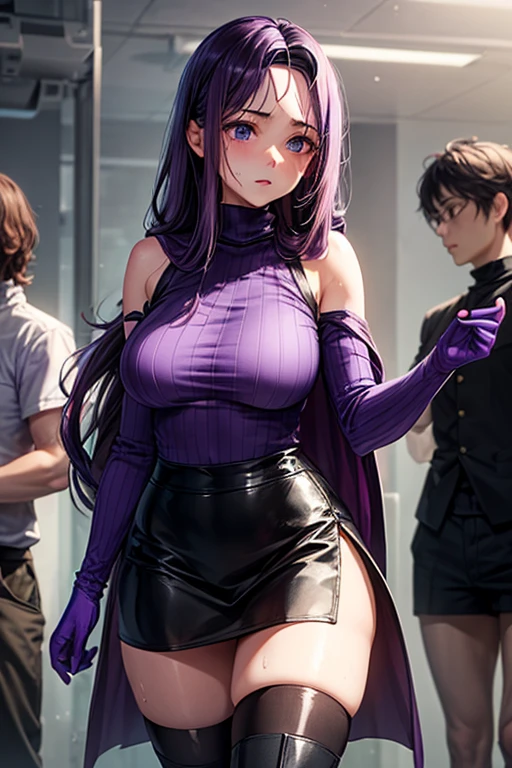 masterpiece, Highest quality,  (Unreal Engine),  Super Resolution,  Very detailed, Complex, colorful, Clear images, Sharp focus, Digital Blending, 

1 person, Expressionless girl, malaria, Quiz Magic Academy, ((Purple long hair:1.8)), blue eyes, length, ((Narrow eyes)),  (Muscular:0.8), Big Breasts, bold, Lips parted,  Observe the audience, Butt, Tight waist, ((Purple Dress)), ((Black Linen Skirt)), (Black Short Cape), (((Pink turtleneck net suit))), ((Pink long gloves)), Black long boots, Perfect Eyes, Perfect Face, Ultra detailed hair, Ultra detailed face, Very detailed lips, Vivid expression, Healthy Body, Beautifully detailed sweat glands, Smooth skin texture, Carefully drawn,

((humidity:1.2), Sticky with sweat), Casting magic, The magic begins, 

Quiz Magic Academyの世界では, Magic Class, night, (Shot on Sony α9, Dynamic Angle),
