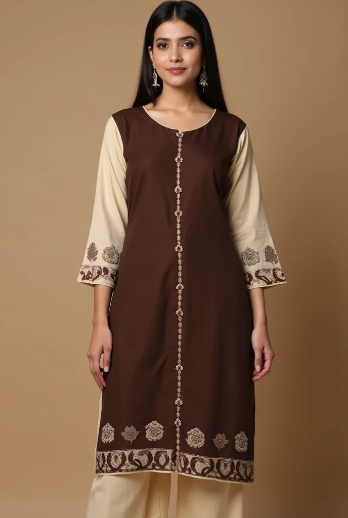 A open button full sleeve round kurti.Sleeve is beige colour & it has little rose on bottom of the sleeve that is chocolate colour. The whole body of the dress is chocolate colour...& the dress has a open button system & a slight divive on the bottom...the button color is chocolate.... Show me full image.....sleeve rose is printed rose....button is on whole body & has a divide in the bottom portion of the dress &pant is also beige colour...more Design... Round kurti with cigarette pant