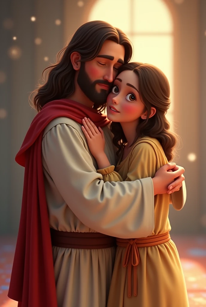 Pixar style image of Jesus hugging a dressed as a doctor who has wavy brown hair, brown eyes and fair skin