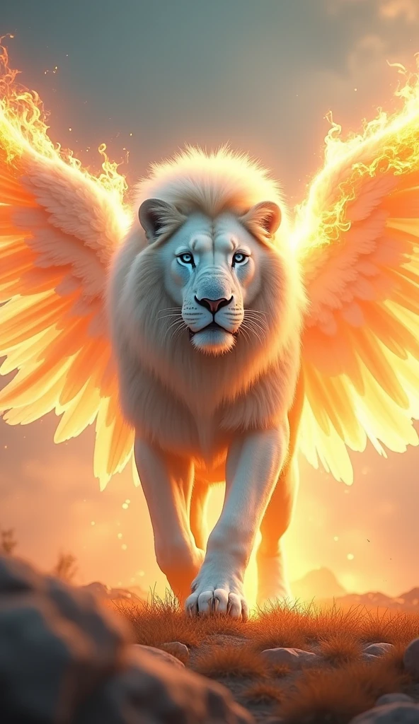 Gerenuma ultra realistic 8k image of a white lion with angel wings on fire strong, big fit ass , handsome with blue eyes