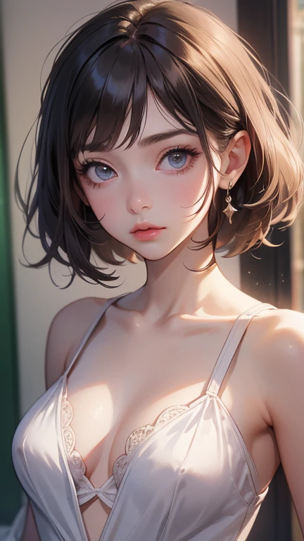 ((Highest quality)), ((masterpiece)), (detailed), One person, (Large forehead:1.2),extremely detailed cute anime face, (((Flat Chest))), (Flat Chest:1.1),((((Short Bob Hair)))),Complex eyes,beautiful detailed eyes,Symmetrical eyes,(((detailed face))),beautiful detailed lips, If you look at this, (((Embarrassing))),(emotional expression),(My heart is pounding with anticipation.),High resolution,(Highest quality),(ultra detailed,extremely detailed),Perfect Face details, ((masterpiece:1.4, Highest quality))+, (ultra detailed)+,, cute, (Flat Chest:1.1), Small breasts, The body is slim, (Small waist), prominent clavicle, arms, Flat Stomach, Pelvic bones are visible, Water hair, Perfect Face, detailedなボディ,Handsome young man with a cold expression. In the romantic atmosphere of the night、A girl with short black hair、He is tenderly kissing her long dark brown hair in the bedroom..