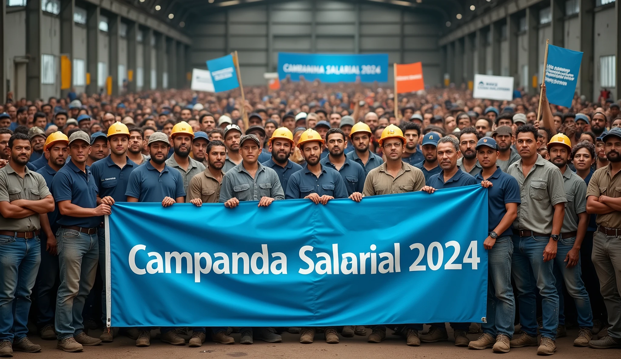 A high-definition Canon DSLR photo of a large group of Brazilian metalworkers, men and women, standing united in front of a modern factory. Their skin and uniforms are marked with dirt, and they hold a large blue banner with white text that reads "Campanha Salarial 2024". In the background, more workers hold various banners and posters, adding depth and energy to the scene.