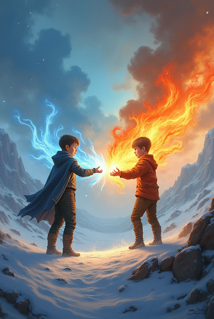 A boy with fire powers and another with ice powers
