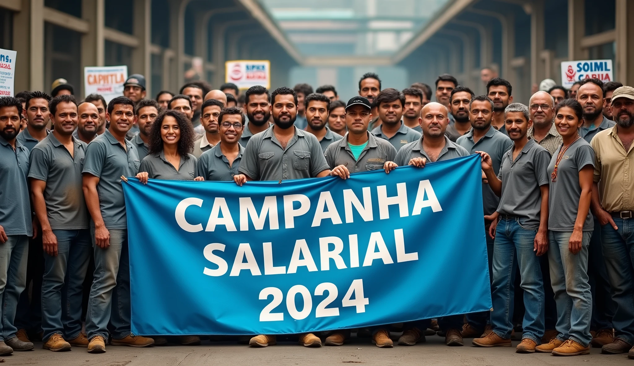 A high-definition Canon DSLR photo of a large group of Brazilian metalworkers, men and women, standing united in front of a modern factory. Their skin and uniforms are marked with dirt, and they hold a large blue banner with white text that reads "Campanha Salarial 2024". In the background, more workers hold various banners and posters, adding depth and energy to the scene. 