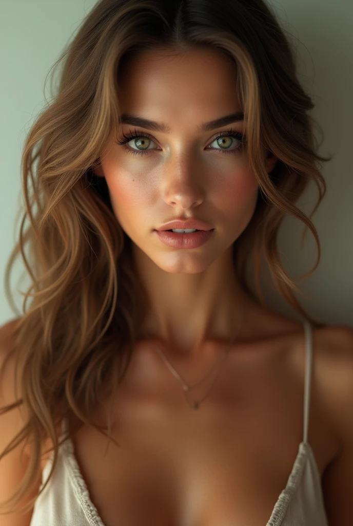 Arafed woman with long wavy and messy hair, cheveux en désordre et un haut de soutien-gorge blanc, no makeup wavy hair, instagram model, Portrait de Sophie Mudd, Alana Fletcher, beau visage attrayant, sans maquillage, fille sexy aux yeux verts, ellie victoria gale, wavy hair until&#39;on the shoulders, an extremely beautiful face, brunette with dyed blonde hair, taken in early 2020, lovely woman