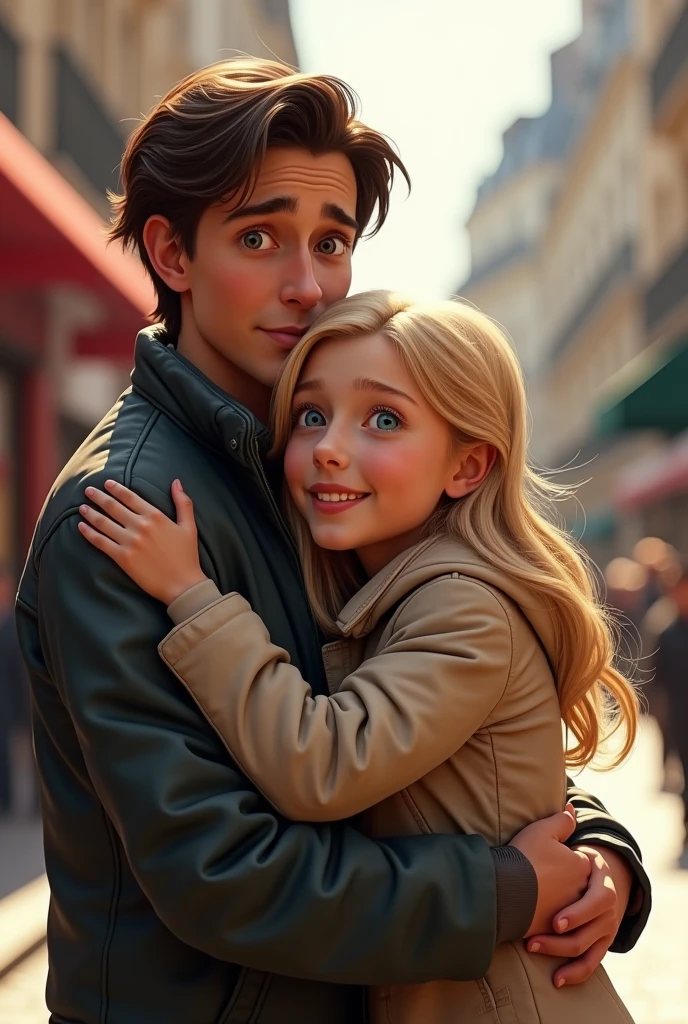Blonde girl blue eyes hugging her father dark brown hair and brown eyes on the streets of Paris 8k ultrarealistic photorealistic