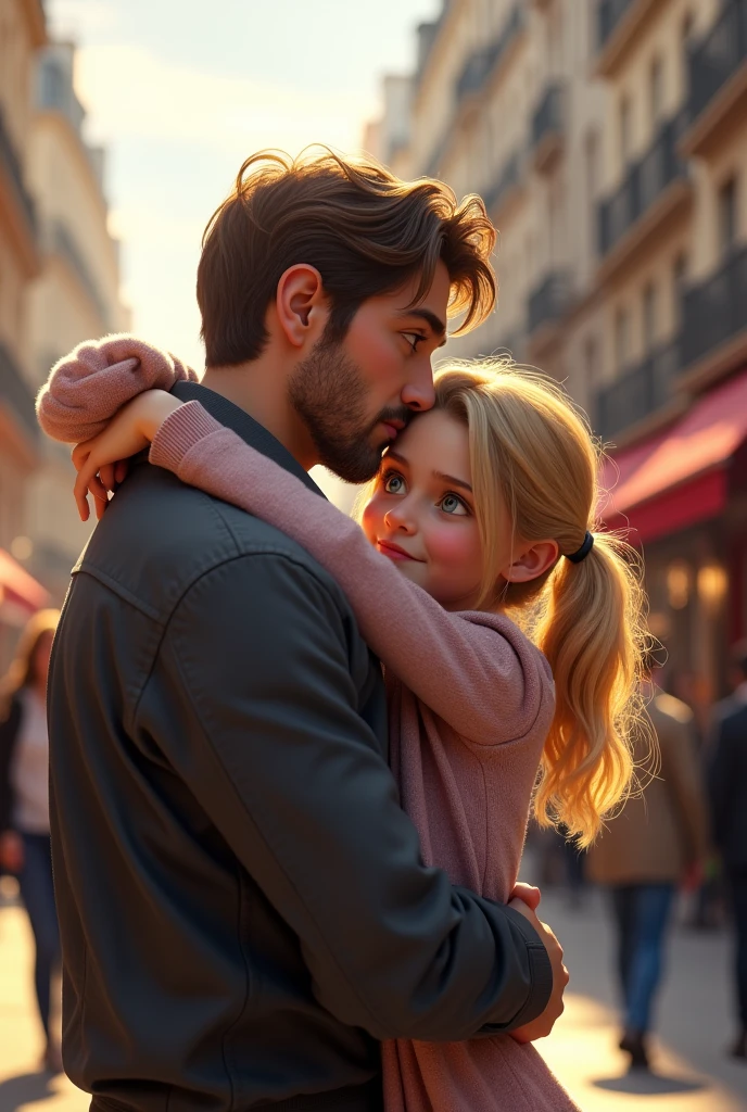 Blonde girl  blue eyes hugging her father dark brown hair and brown eyes on the streets of Paris 8k ultrarealistic photorealistic 