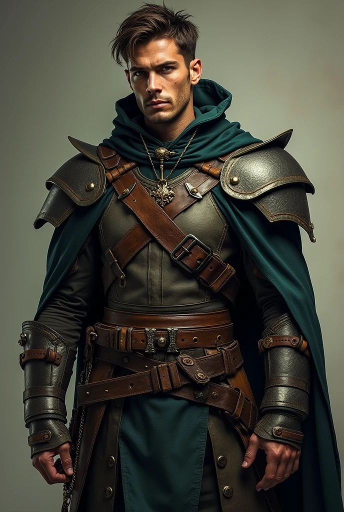 Kael Valaran is a man of striking presence. Standing at about 6 feet tall, he has a lean, athletic build honed by years of combat. His features are sharp and angular, with a strong jawline, high cheekbones, and piercing green eyes that seem to see through to a person’s soul. His skin is lightly tanned from constant exposure to the elements, and a faint scar runs across his left cheek—a reminder of a battle that nearly took his life.
His hair is a dark, unruly brown, often kept tied back or cropped short for practicality. Kael typically dresses in a mix of practical mercenary gear and more refined clothing, symbolizing his transition from a lowly soldier to a leader of men. He wears a battered but well-maintained set of leather armor, adorned with a few trophies taken from fallen foes, and a long, dark cloak that billows behind him, giving him a commanding silhouette. Around his neck, he keeps a simple pendant—his only keepsake from his past life, a reminder of the innocence he has long since lost.