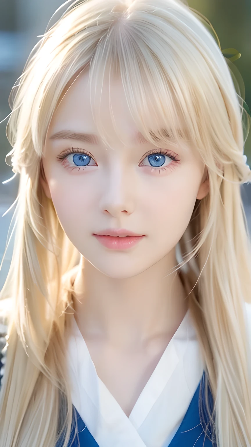 A very beautiful Nordic girl、Super long silky shiny metallic butter blonde hair、Cute beautiful girl with sexy messy bangs、Hair above the eyes、片Hair above the eyes、Hair between the eyes、uniform、Super long beautiful blonde hair、Beautiful bangs between the eyes、Very beautiful cute face、Cute beautiful gentle expression、high school girl、Big, pale, very bright sky blue eyes that shine beautifully、Small Face Beauty、Round face、Snow-white glossy skin、
