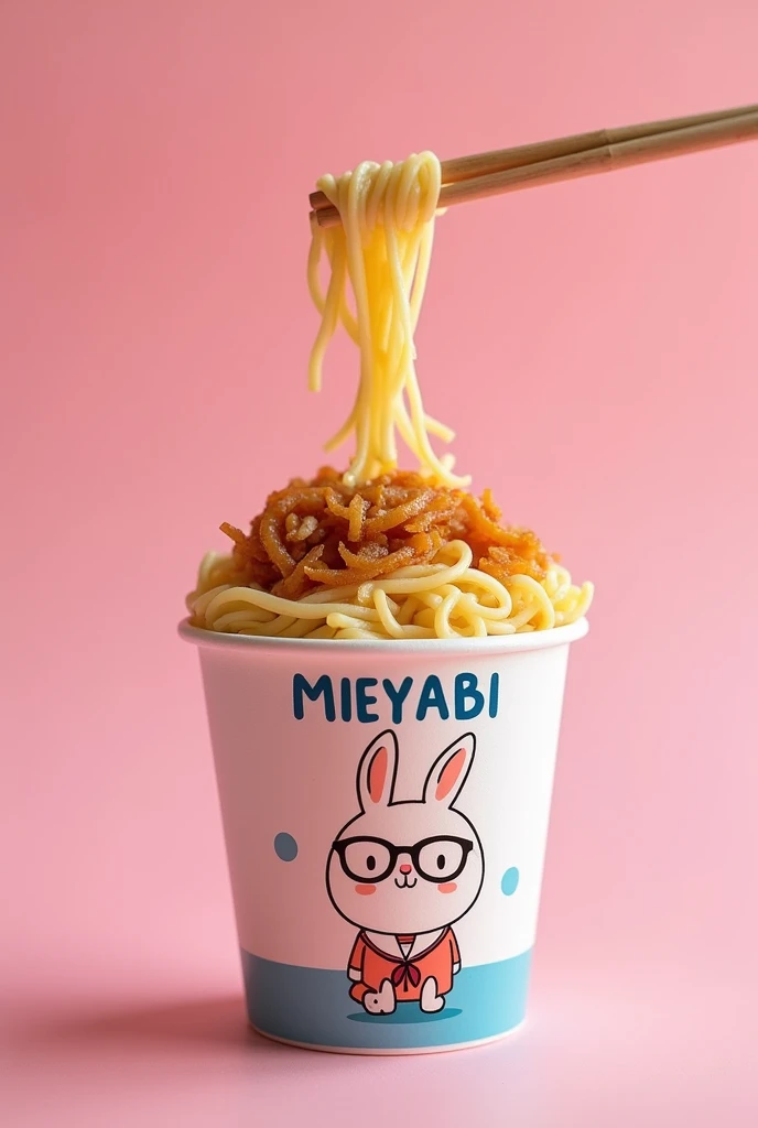 Sterofom Cup: Cooked noodles topped with fried onion, salt and pepper, fried egg, capital letter on the cup says "MIEYABI" and small letter says "Bikin" "Tegang", and a cup with a picture of a super cute Indonesian rabbit, extra large and fat body, wearing wire frame glasses and a sailor suit, in a crawling pose, cup of noodles in with pink white and light blue color around, cup of noodles showing the noodles coming out. Pink studio background. very detailed. amazing. fantastic. photography. cinematic, photorealistic. focus MIEYABI, Bikin Tegang, very focused