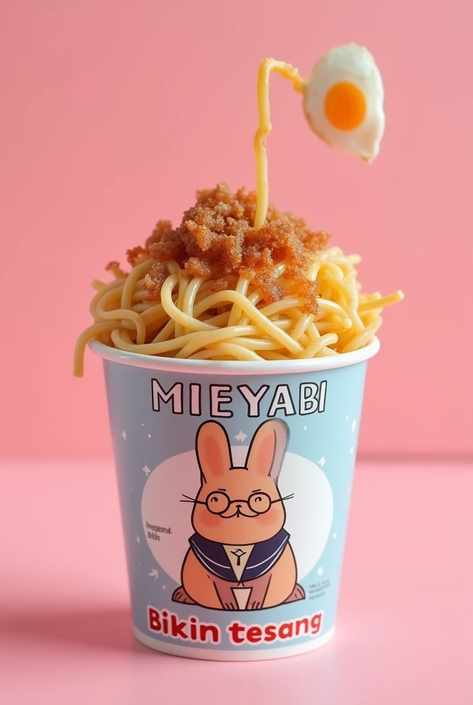 Sterofom Cup: Cooked noodles topped with fried onion, salt and pepper, fried egg, capital letter on the cup says "MIEYABI" and small letter says "Bikin" "Tegang", and a cup with a picture of a super cute Indonesian rabbit, extra large and fat body, wearing wire frame glasses and a sailor suit, in a crawling pose, cup of noodles in with pink white and light blue color around, cup of noodles showing the noodles coming out. Pink studio background. very detailed. amazing. fantastic. photography. cinematic, photorealistic. focus MIEYABI, Bikin Tegang, very focused