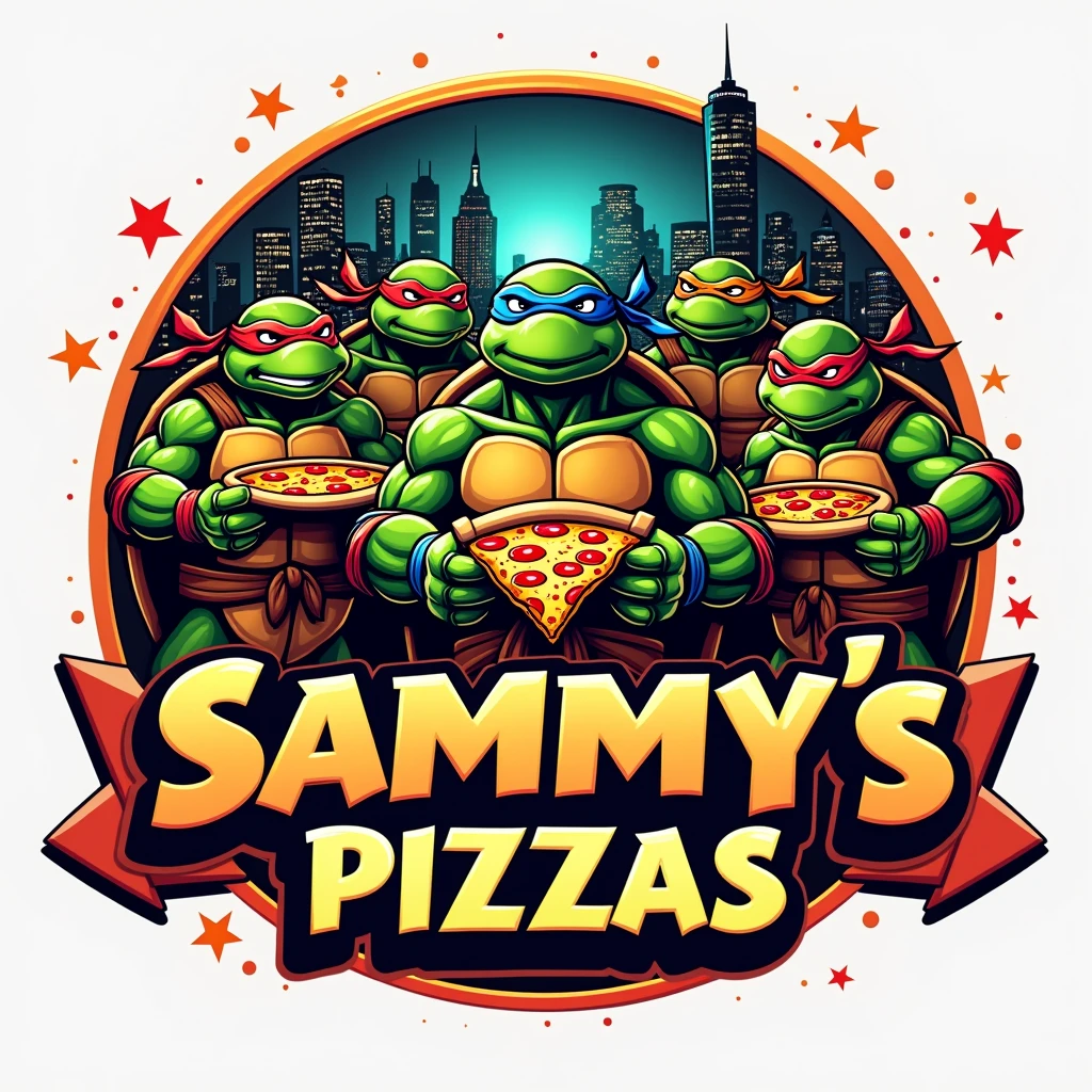 Make a Ninja Turtles pizza place logo that says SAMMY&#39;S PIZZAS