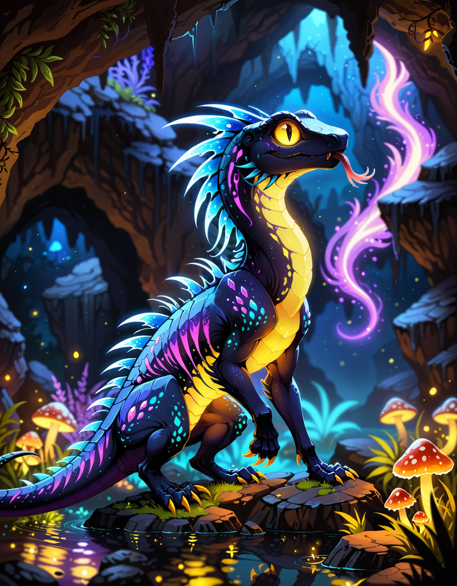 quadruped feral lizard \(rain world\), bioluminescence, short limbs, yellow eyes, big eyes, forked tongue, crystal creature, side view, (iguana:0.75), half-length portrait, BREAK, unreal engine, soft focus, purple light, yellow light, detailed background, foreground, depth of fieldto, ambient silhouette, backlighting, night, water, plant, glowing light, mushroom, cave, ambient firefly, starry