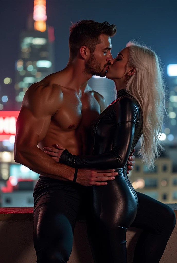 A stunning portrait of Felicia Hardy grinding her ass into a muscular Peter Parker, kissing, French kiss, passionate kiss, she is young and beautiful, her hair is white, she is wearing a black leather body suit unzipped to her belly button, cleavage, sexy, seductive, large breasts, athletic body, narrow waist, wide hips, he is not wearing his mask, Peter Parker’s face, he is grabbing her perfect ass in his hands, her head is thrown back in ecstasy. (((He is not wearing his mask)))

Location: location is city rooftop at night. Neon lights

Action: she is sitting on top of him, straddling him, he is grabbing her ass passionately, her breasts are pressed against him.