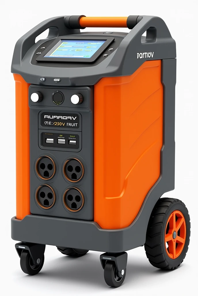 It has a control screen on the front, 4 230V socket inputs, and 4 USB ports and 3 Type-C inputs and is 50cm high. width 35cm. width 56cm. Power station with 4 wheels color is orange and gray