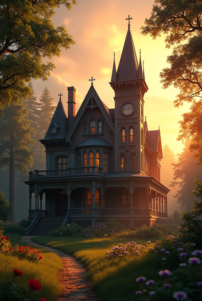 Two-story Victorian Gothic style house with a tower proportional to the size of the house, background of a forest with trees, flowers and grass on an orange sunset