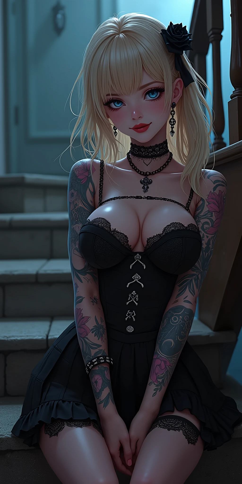 (best quality, ultra-detailed, photorealistic: 1.39), bright and vibrant colors, studio lighting, romantic expression, An effeminate girl, with a delicate and beautiful face. Beautiful and adult tattooed woman with her blonder hair matches the gothic makeup, her blue eyes and mischievous smile, with her large seductive breasts, cleavage, gothic style blouse, strapless lace blouse, plaid pleated skirt, black lace socks, chain details on the skirt, walking in leaning pose on the stairs to the bedroom sitting leaning in a seductive pose, seductive cleavage, night, manga style, anime features manga style, fully body , she is in love, fantasy manga style