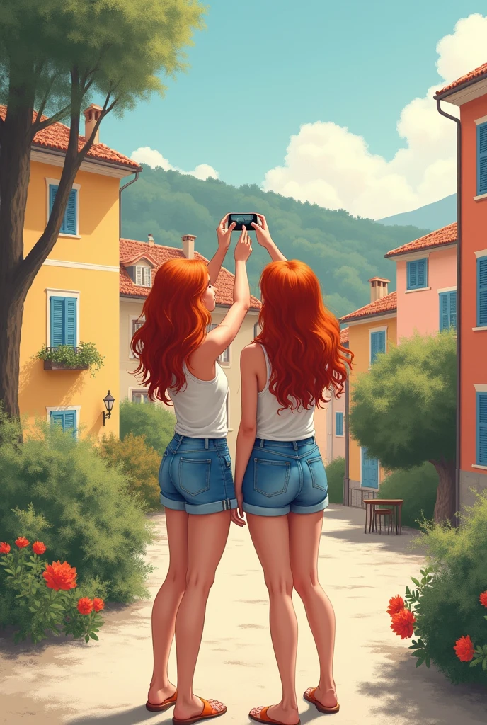 2 girl, redheadwear, taking a selfie in front of a typical building on one of Nice&#39;s hills. She wears shorts, tank top and flat sandals. Typical houses. David Hamilton Style.