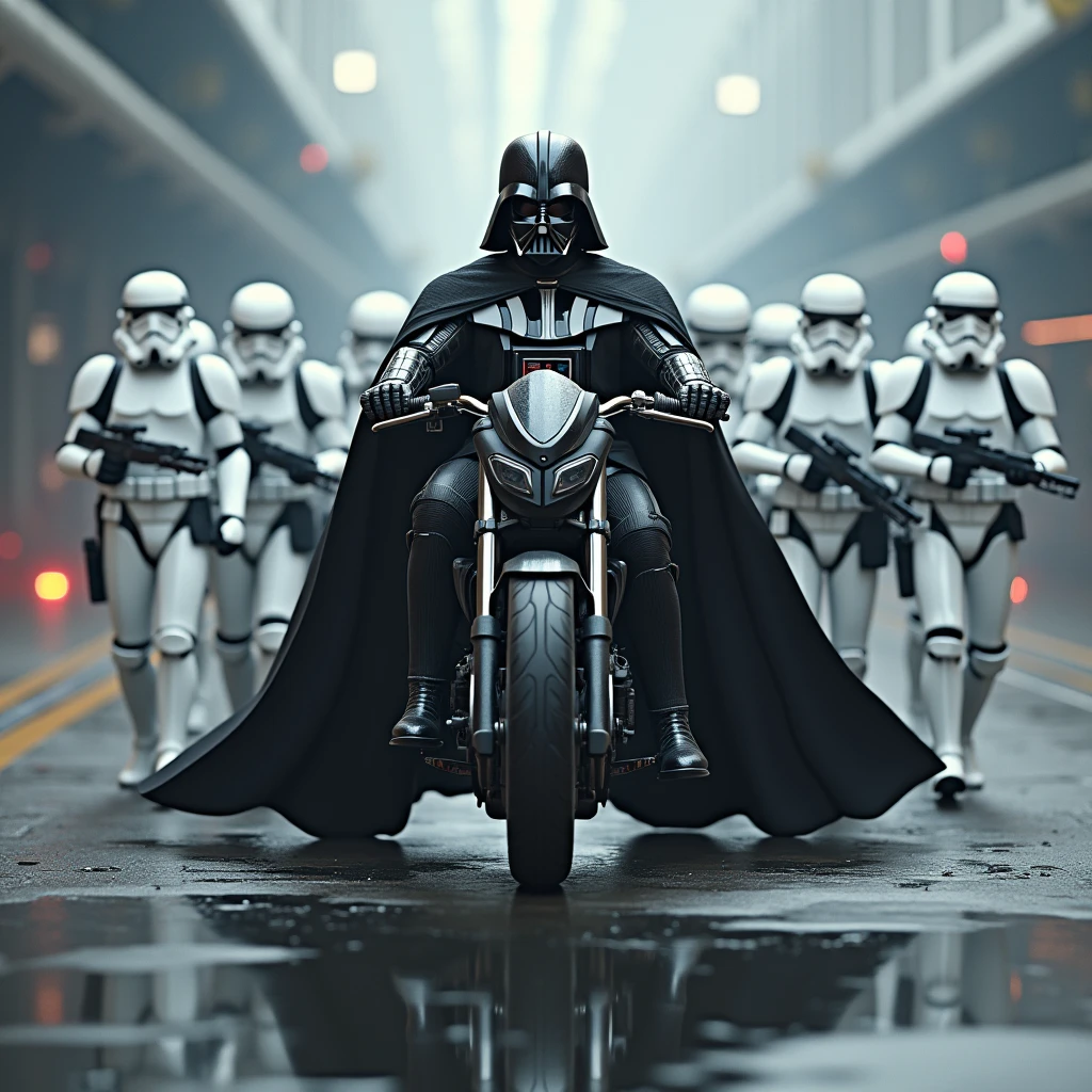darth vader riding his bike between lines of marching stormtroopers
