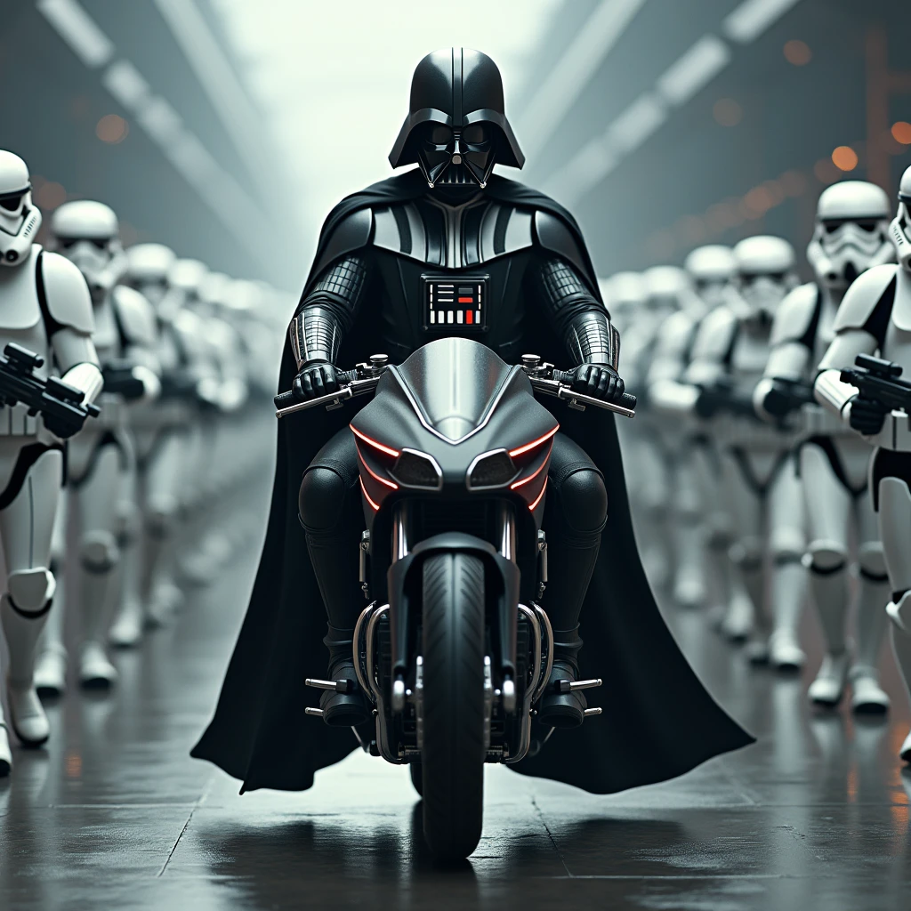 darth vader riding his bike between lines of marching stormtroopers