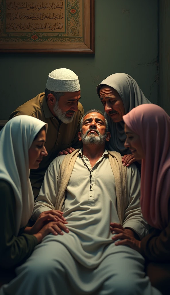 A middle-aged Muslim man lies unconscious in his room and his relatives sit around him crying