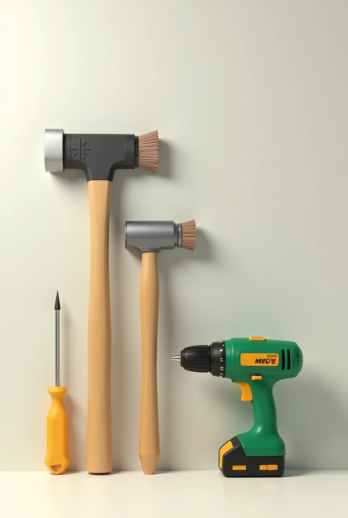 generate work tools paint brush,lock,hammer,Green drill and screwdriver that are in order, do not put anything else, just those tools, do not put a lock