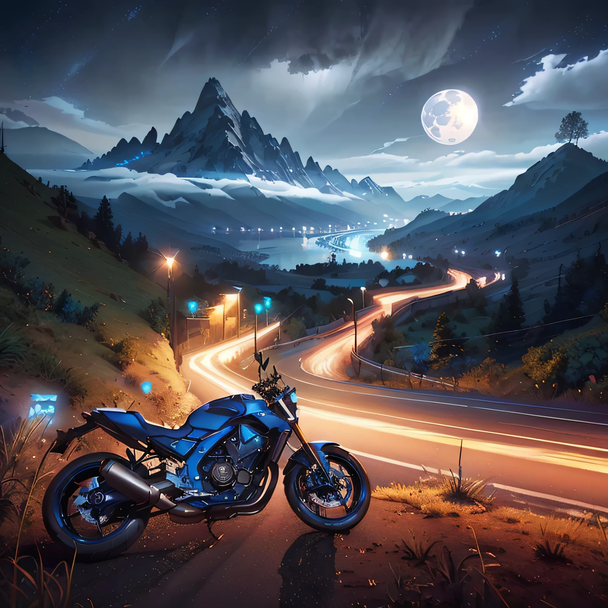 blue motorcycle parked on the side of the road at night with a full moon, motorcycle concept art, matte blue painting illustration, high-quality digital painting, artwork on a road to , game art matte painting, 3D rendering and matte painting, traveling through the mountains, hyper-realistic adventure rendering, matte digital painting, 3d rendering cycles, daniel maidman octane rendering