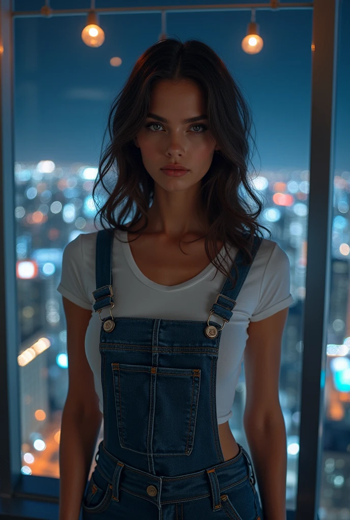 broken Copy prompts
((Midnight, Best Quality, 8k, masterpiece :1.3)), whole body, long legs, sharp focus :1.2, A pretty woman with a perfect figure. :1.4, slim abs :1.1, ((Dark brown hair, big breasts :1.2)), (White fitted t-shirt, Bib jeans, standing:1.2), ((Night view of the city, ceiling:1.3)), Very detailed face and skin texture., detailed eyes, double eyelid