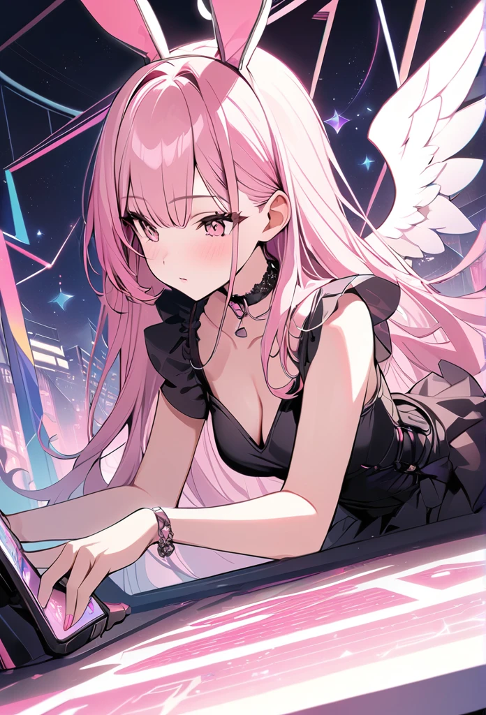 ,playing mobile game々）vtuber, sexy innocent beauty, pink sakura shaped choker, (masterpiece, highest quality), official art, beautiful and aesthetic: 1.2), (1 girl), very detailed, (geometry art: 1.3), pink colorful, pink long hair、bunny ear、 whole body, angel wings, black lolita, playing mobile game, 