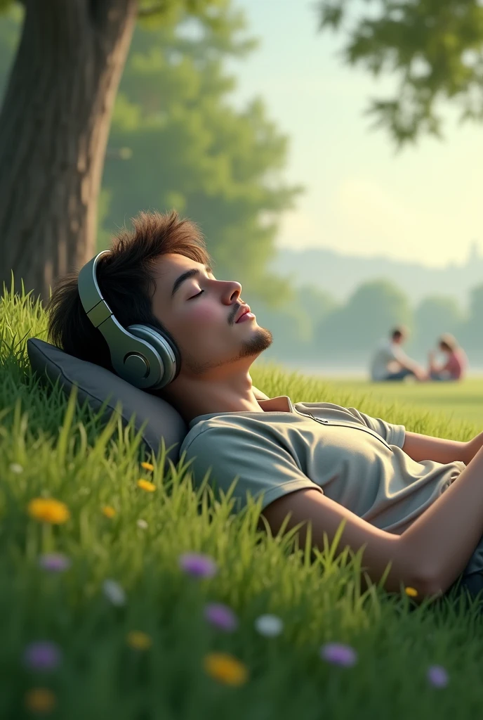a guy laying down on the grass at a park taking a nap while listing to music with headphones