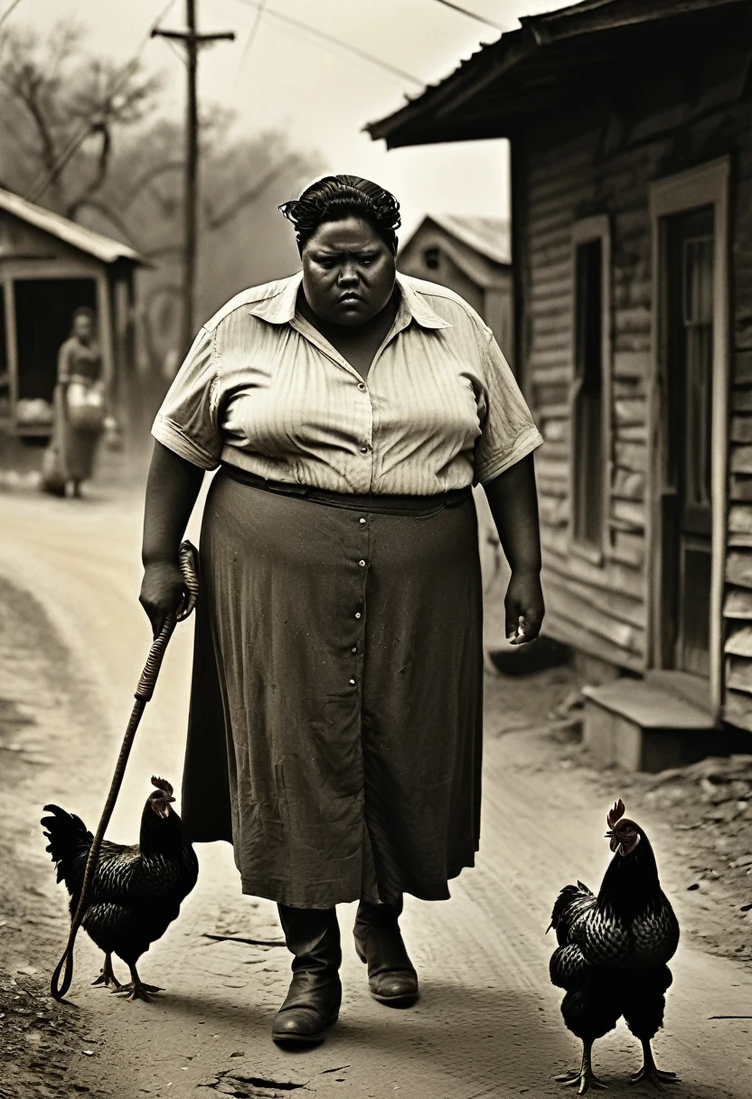 /In the 1930s, in an impoverished America, with financial depression, in rural Texas, a fat man with a whip holding a whip threatens a woman drags two dead chickens through the streets thin and dirty hungry people cry around you, grotesque scene, in the DIANE ARBUS style, ultrarealistic photography, 4K, focus from top to bottom, in sepia tone