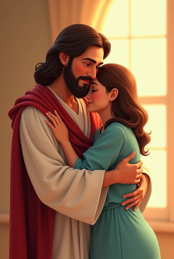 Pixar style image of Jesus hugging a  who is dressed as a doctor and has wavy brown hair, brown eyes and fair skin