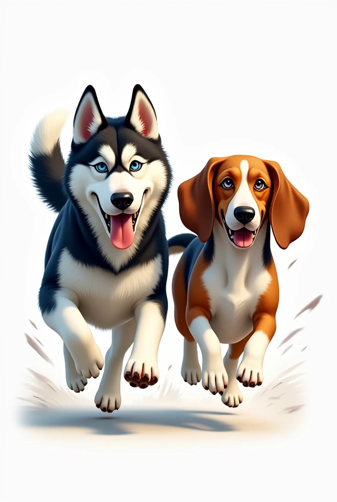 Image for a running club logo with an adult Siberian husky and an adult short-legged tricolor long-eared basset hound running towards the finish line as if they were in a race, that the animation is more realistic and detailed