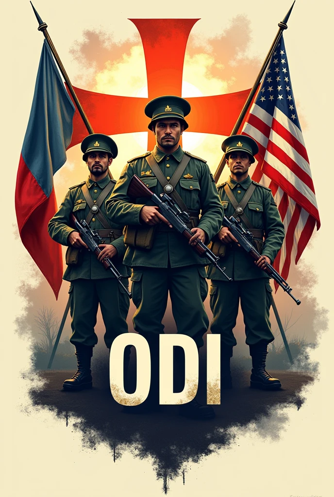 Logo with flags of Hispanic countries with the name ODI in front and the Cross of Burgundy in the background ,armed soldiers of the first world war