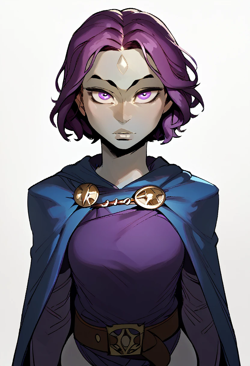 score_9, score_8_up, score_7_up, BREAK,
1girl, rachelroth, purple hair, short hair, purple eyes, grey skin. forehead jewel,
leotard, belt, blue cape,
upper body, looking at viewer, solo, simple background, white background