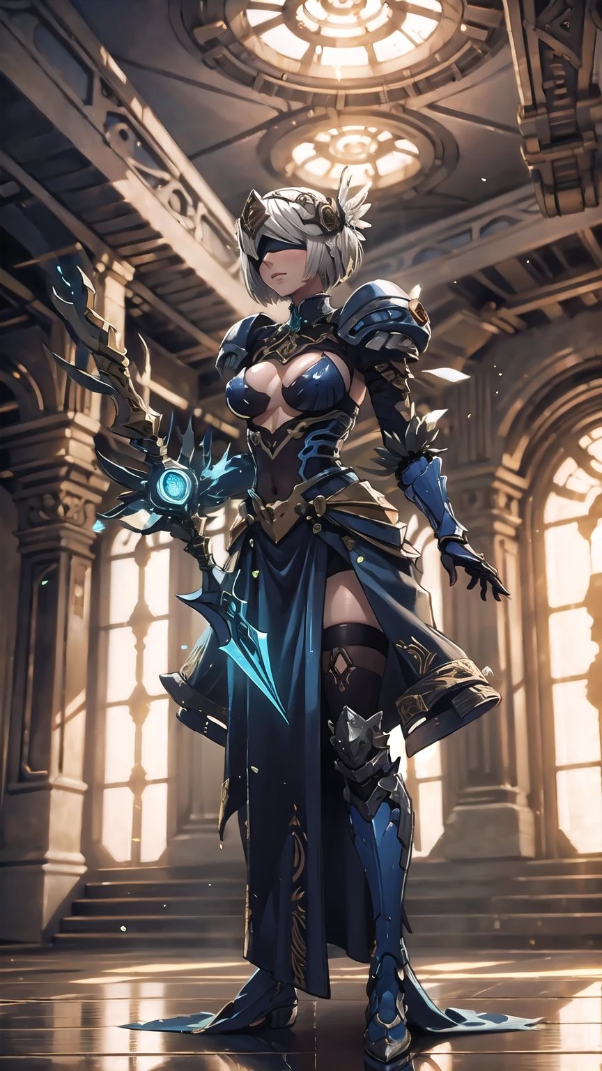 kitbash of Lenneth from 'Valkyrie profile' and 2B from 'Nier: Automata', combine 2B and Lenneth, solo, 1girl, BREAK: ((bright sapphire blue plate mech4rmor)), (boob window:1.27), (blue helmet blindfold:1.32), thigh cutout, long skirt, wings, BREAK: standing contrapposto, holding glowing spear, light smile, BREAK: (deep dungeon interior setting), BREAK: (better hands, best hands), (insanely detailed, masterpiece, best quality), strong_negative, yxwqsj 