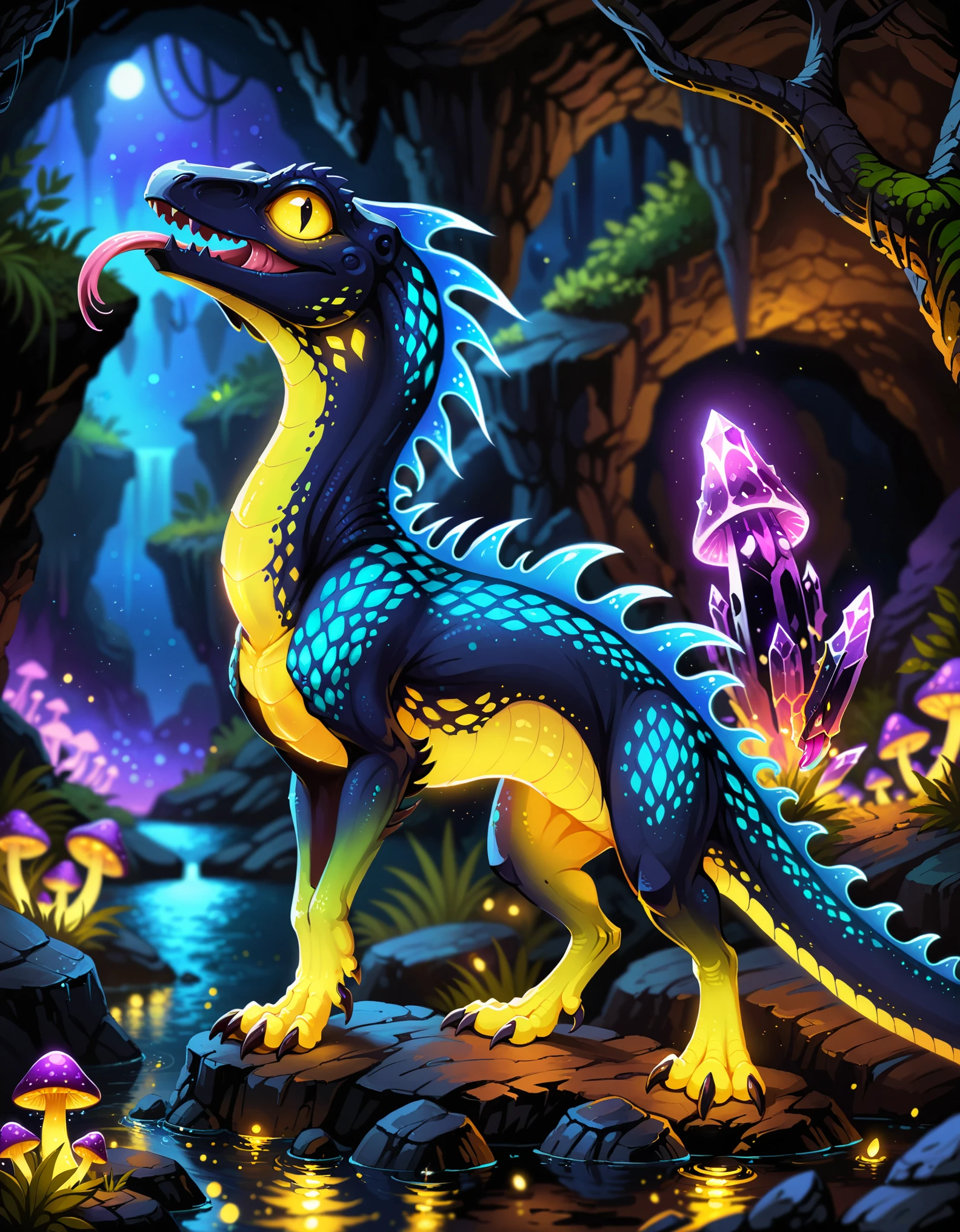 quadruped feral lizard \(rain world\), bioluminescence, short limbs, yellow eyes, big eyes, forked tongue, crystal creature, side view, (iguana:0.75), half-length portrait, BREAK, unreal engine, soft focus, purple light, yellow light, detailed background, foreground, depth of fieldto, ambient silhouette, backlighting, night, water, plant, glowing light, mushroom, cave, ambient firefly, starry