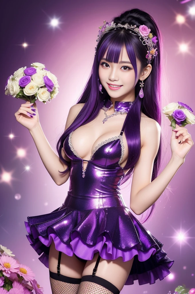 sexy Thai model who controls poison、beautiful smile、lipgloss、intense makeup、look at the camera、full body Esbian、、sparkling poisoned flower costume (purple)、、、、shiny sparkling multicolor hair、secrete poison、skull hair accessories、fishnet tights、shiny sparkling flowers background